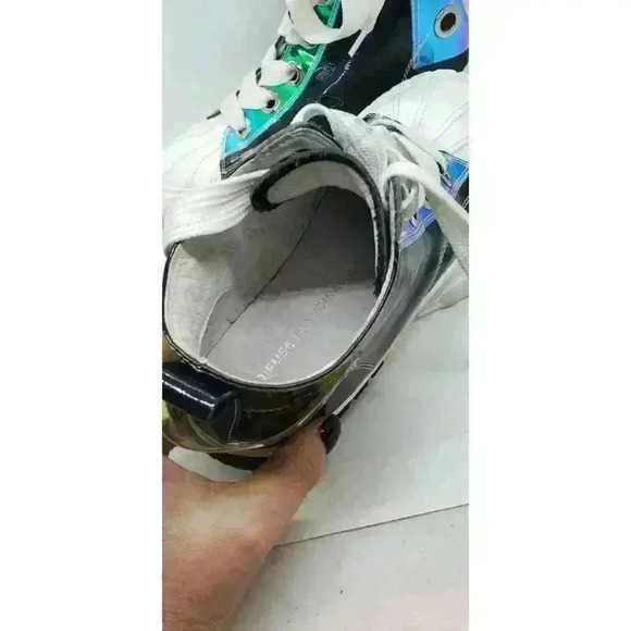 Black Leather Hi Top Sneakers Iridescent Eyelet & Heel D:fuse Scandinavia RARE - Picture 13 of 16